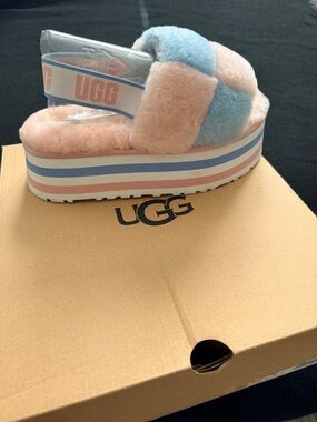 UGG Pastel Fluff Platform Slide - Pink & Light Blue